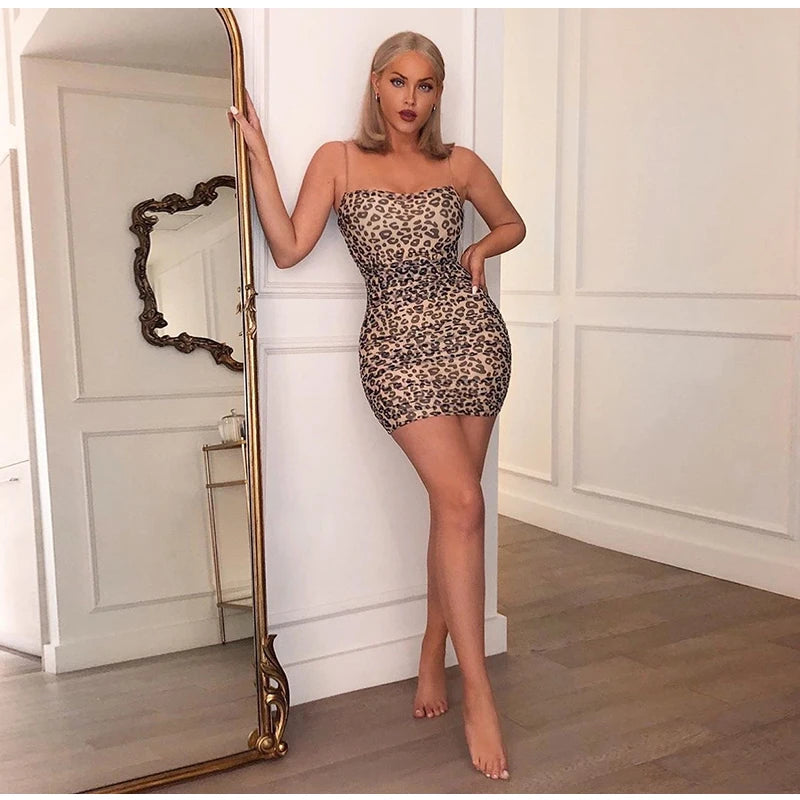 NewAsia Double Layers Leopard Dress Summer Women 2019 Printed Sheer Ruched Mesh Mini Party Dress Sexy Slim Tight Bodycon Dress