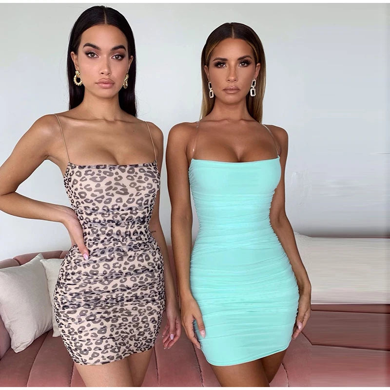 NewAsia Double Layers Leopard Dress Summer Women 2019 Printed Sheer Ruched Mesh Mini Party Dress Sexy Slim Tight Bodycon Dress