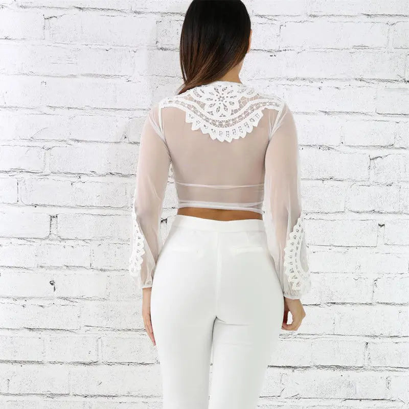 Sexy Women See Through Transparent Shirts Fashion Lace Mesh Chiffon Floral Sheer Long Sleeve Crop Top Ladies Blouse Tees