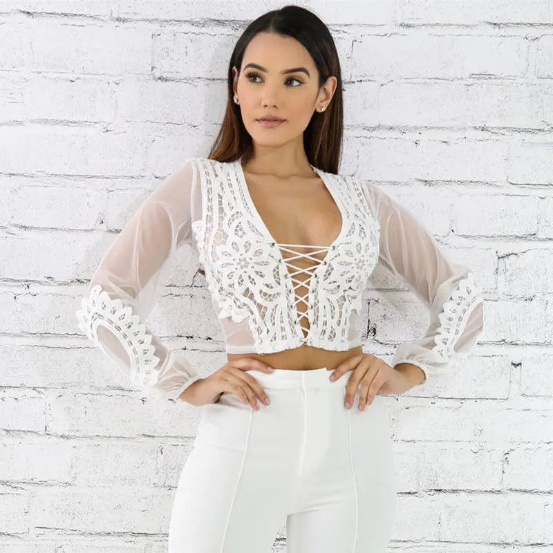 Sexy Women See Through Transparent Shirts Fashion Lace Mesh Chiffon Floral Sheer Long Sleeve Crop Top Ladies Blouse Tees