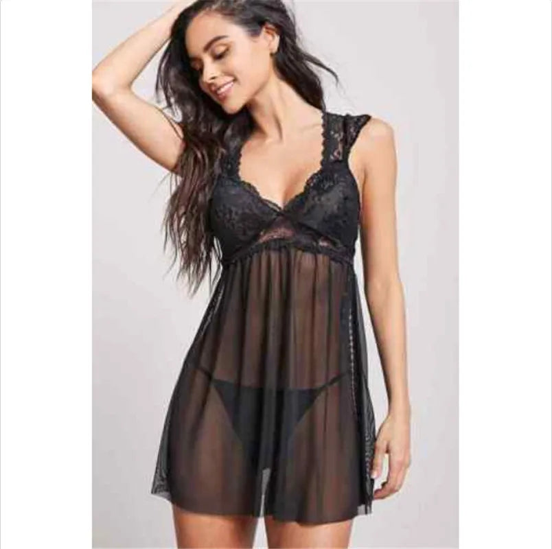 Sexy Women's Lace Spliced Dress Nightwear Underwear Ladies Fashion See Through Mesh Sheer Vestido Babydoll Sleepwear Dress 2019
