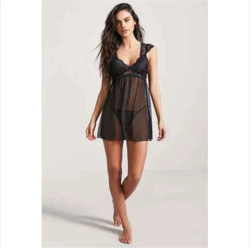 Sexy Women's Lace Spliced Dress Nightwear Underwear Ladies Fashion See Through Mesh Sheer Vestido Babydoll Sleepwear Dress 2019