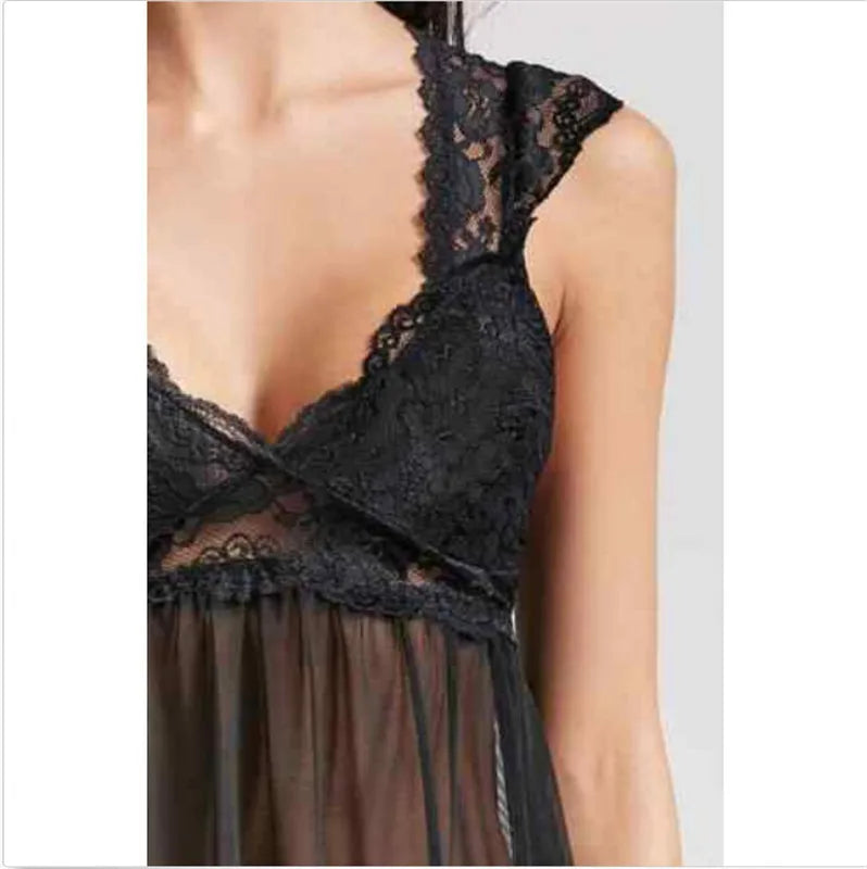 Sexy Women's Lace Spliced Dress Nightwear Underwear Ladies Fashion See Through Mesh Sheer Vestido Babydoll Sleepwear Dress 2019