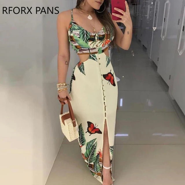 Spaghetti Strap Tropical Print Cutout Dress  Women Dress