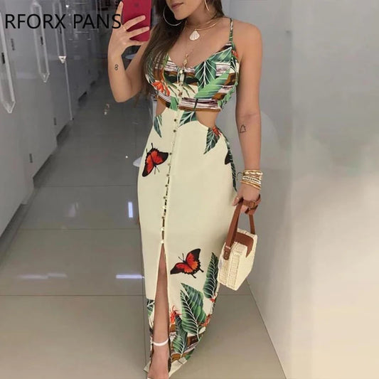 Spaghetti Strap Tropical Print Cutout Dress  Women Dress