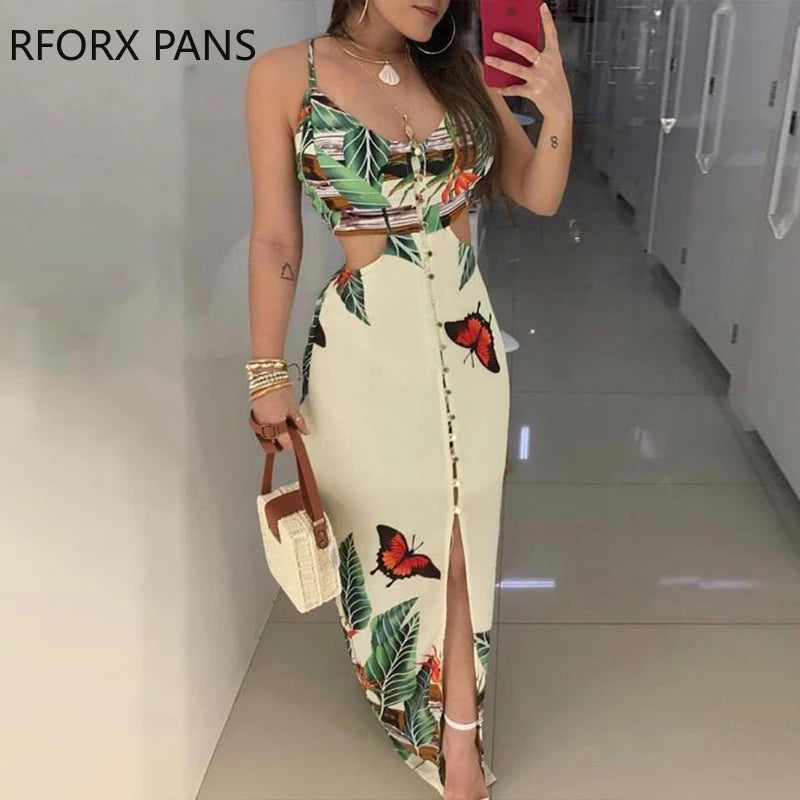 Spaghetti Strap Tropical Print Cutout Dress  Women Dress