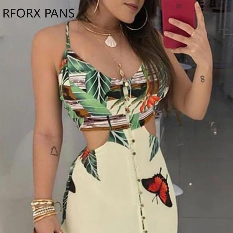 Spaghetti Strap Tropical Print Cutout Dress  Women Dress