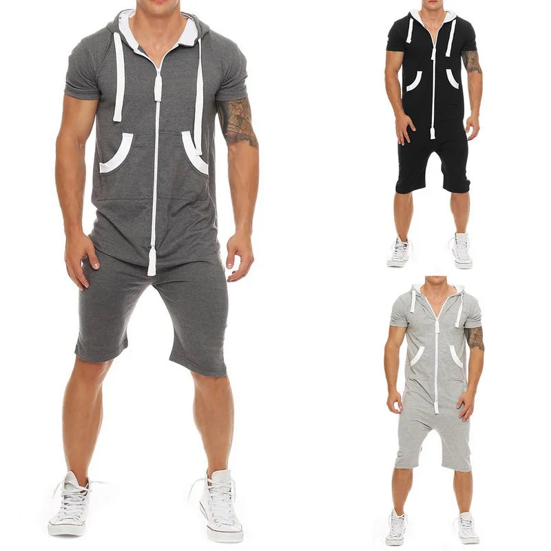 Tracksuit Mens Jumpsuit Overalls Summer Casual Short Sleeve Hoody pullovers Mens Zipper Sportwear Overalls Shorts Romper suit