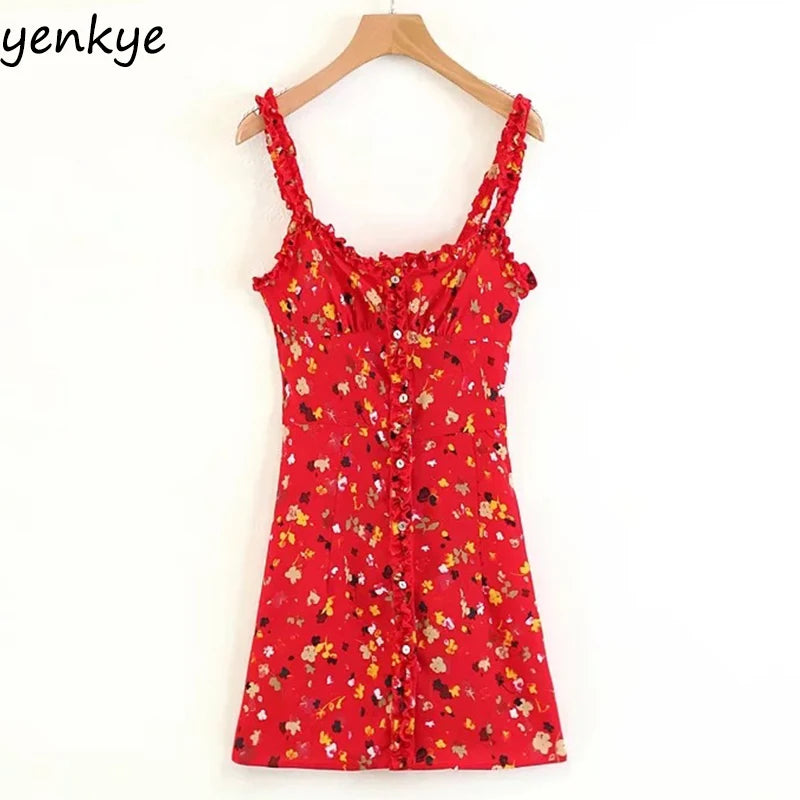 Vintage Summer Dress Sweet Women Red Floral Printed Sling Dress Sexy Sleeveless Mini Dress LJPZ8635