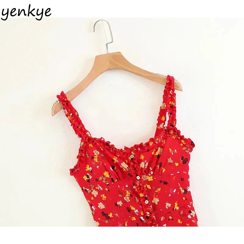Vintage Summer Dress Sweet Women Red Floral Printed Sling Dress Sexy Sleeveless Mini Dress LJPZ8635