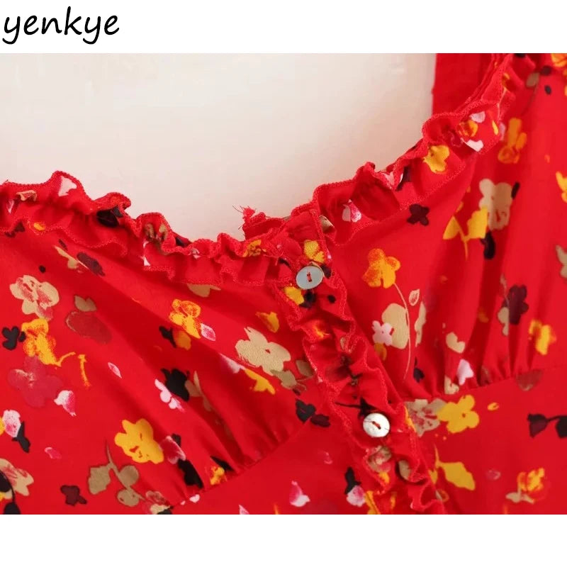 Vintage Summer Dress Sweet Women Red Floral Printed Sling Dress Sexy Sleeveless Mini Dress LJPZ8635