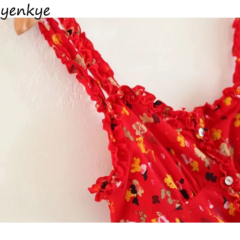 Vintage Summer Dress Sweet Women Red Floral Printed Sling Dress Sexy Sleeveless Mini Dress LJPZ8635