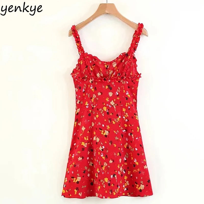 Vintage Summer Dress Sweet Women Red Floral Printed Sling Dress Sexy Sleeveless Mini Dress LJPZ8635