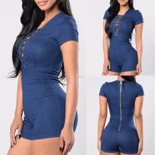 Women Bodycon Tunic Short Sleeve Denim Jeans Romper Playsuit Short Trousers