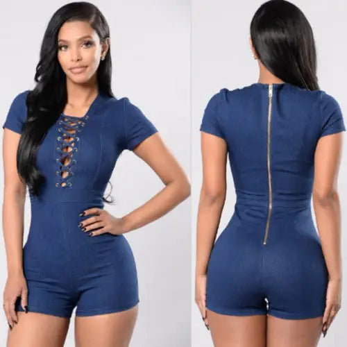 Women Bodycon Tunic Short Sleeve Denim Jeans Romper Playsuit Short Trousers