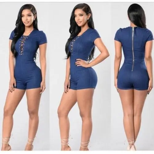 Women Bodycon Tunic Short Sleeve Denim Jeans Romper Playsuit Short Trousers