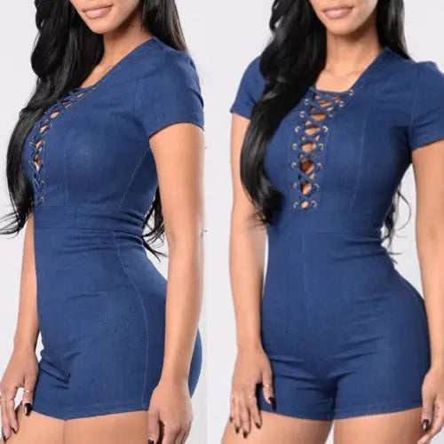 Women Bodycon Tunic Short Sleeve Denim Jeans Romper Playsuit Short Trousers
