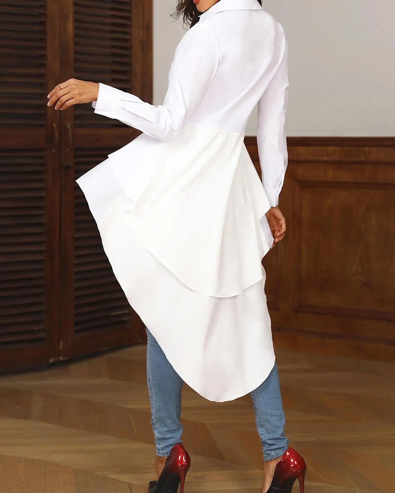 Women Elegant Office Work Solid Turn down Collar White Shirt Casual Top Layered Flounced Dip Hem Asymmetrical Blouse