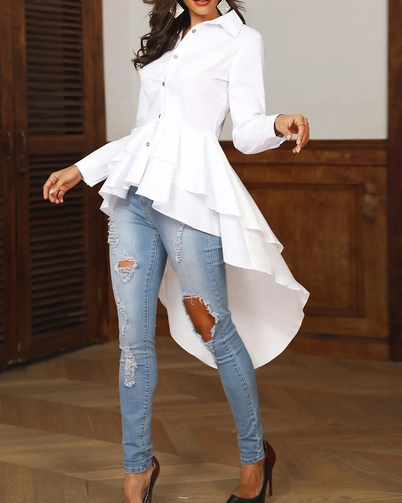 Women Elegant Office Work Solid Turn down Collar White Shirt Casual Top Layered Flounced Dip Hem Asymmetrical Blouse