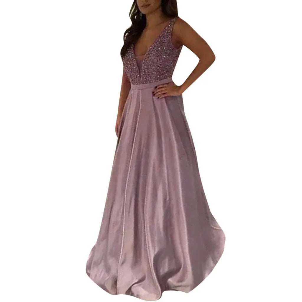 Women Sequin Dress Pink Prom Party Ball Gown Sexy Evening V Neck Long Dress Elegant Fashion bodycon dresses women party night