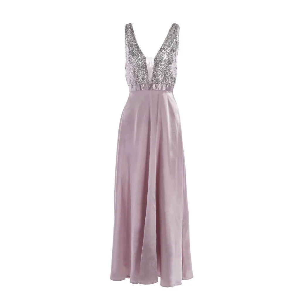 Women Sequin Dress Pink Prom Party Ball Gown Sexy Evening V Neck Long Dress Elegant Fashion bodycon dresses women party night