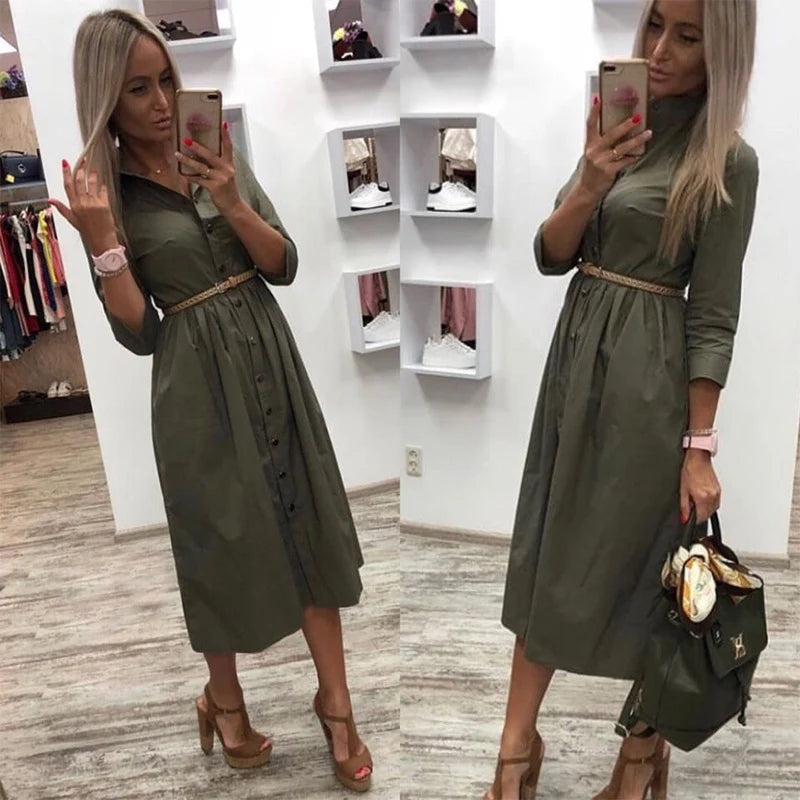 Women Vintage Sashes Button A-line Party Dress Three Quarter Sleeve Turn Down Collar Dress 2019 Summer New Fashion Women Dress