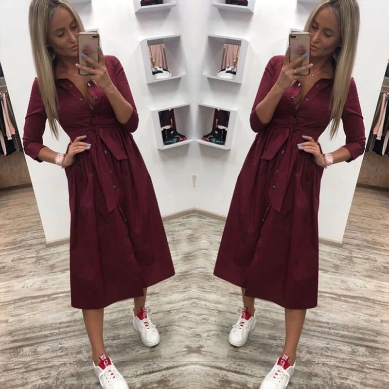 Women Vintage Sashes Button A-line Party Dress Three Quarter Sleeve Turn Down Collar Dress 2019 Summer New Fashion Women Dress