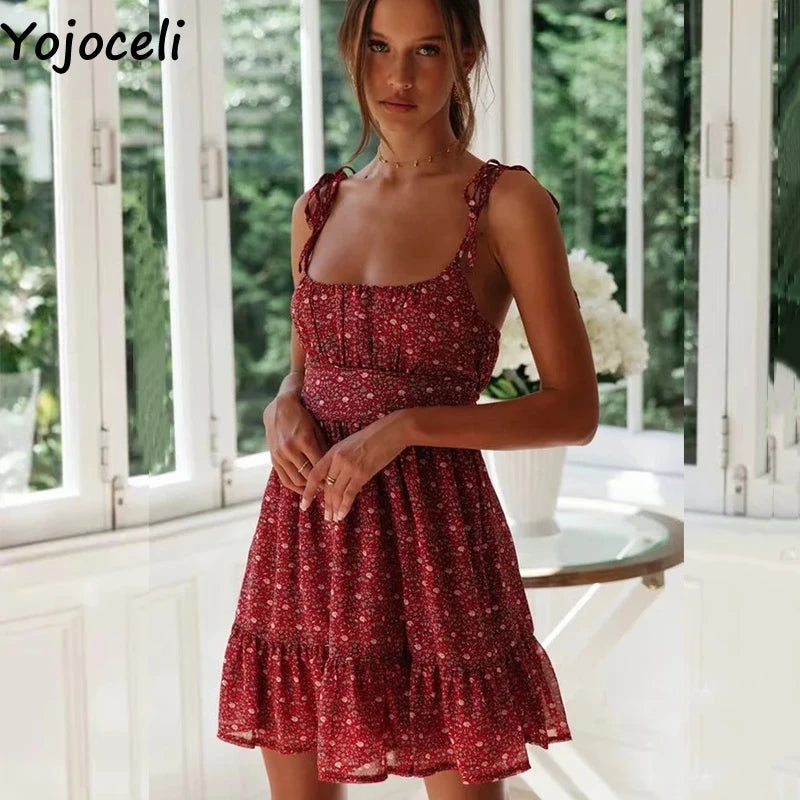 Yojoceli Sexy print short ruffle dress women Summer elegant party mini dress female Casual daily strap sundress vestidos